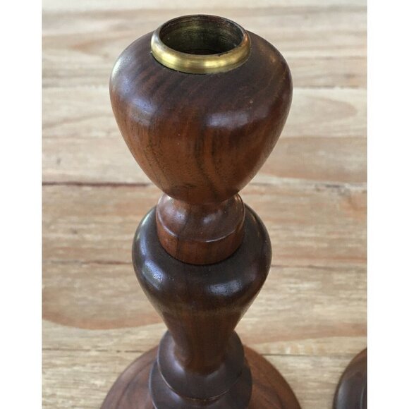 Pair of Fitzhugh Solid Turned Walnut Candle Sticks Holders Tapered Mid Century - Picture 2 of 3